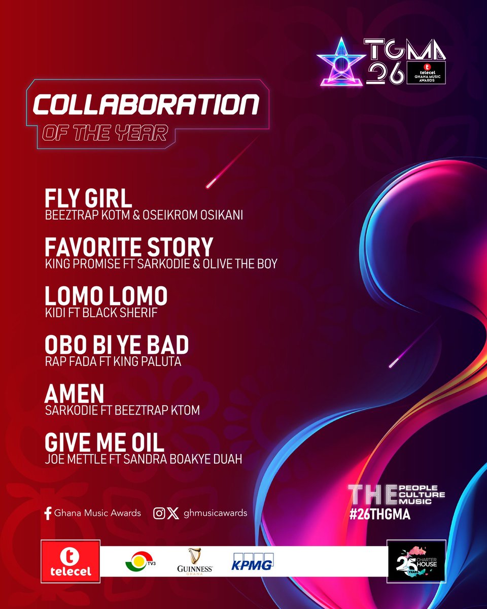 muse_africa's tweet photo. #26thTGMA Collaboration of the Year nominees.

@beeztrapkotm &amp; @SikaniiOseikrom - Fly Girl
@IamKingPromise, @sarkodie &amp; @OliveTheBoy_ - Favorite Story 
@KiDiMusic &amp; @blacksherif_ - Lomo Lomo
@rapfada &amp; @KingPalutaMusic - Obo Bi Ye Bad
@sarkodie &amp; @beeztrapkotm - Amen https://t.co/nTrNtSDTtU