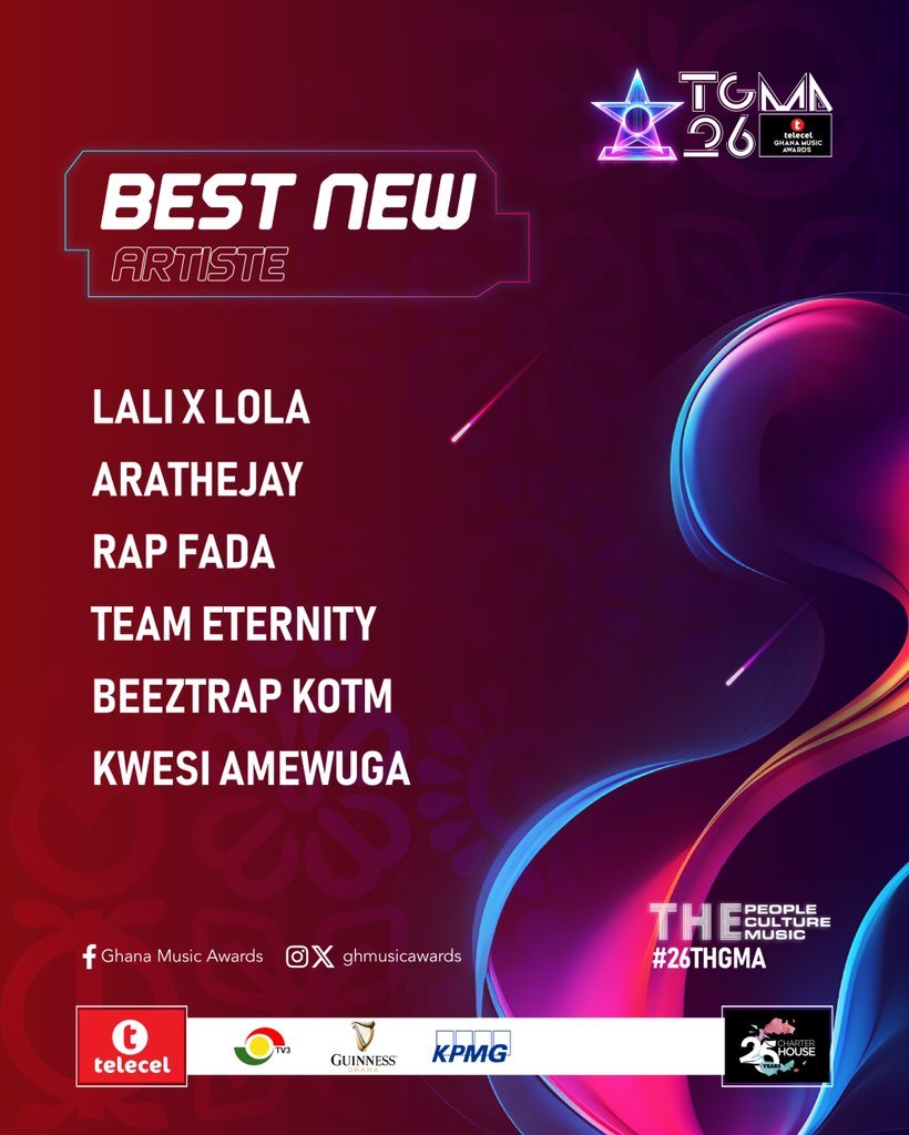 muse_africa's tweet photo. #26thTGMA Best New Artiste Nominees 

@LaliXLola1, @arathejay, @rapfada, @teameternitygh, @beeztrapkotm &amp; @KwesiAmewuga https://t.co/AJzw95Pcjt