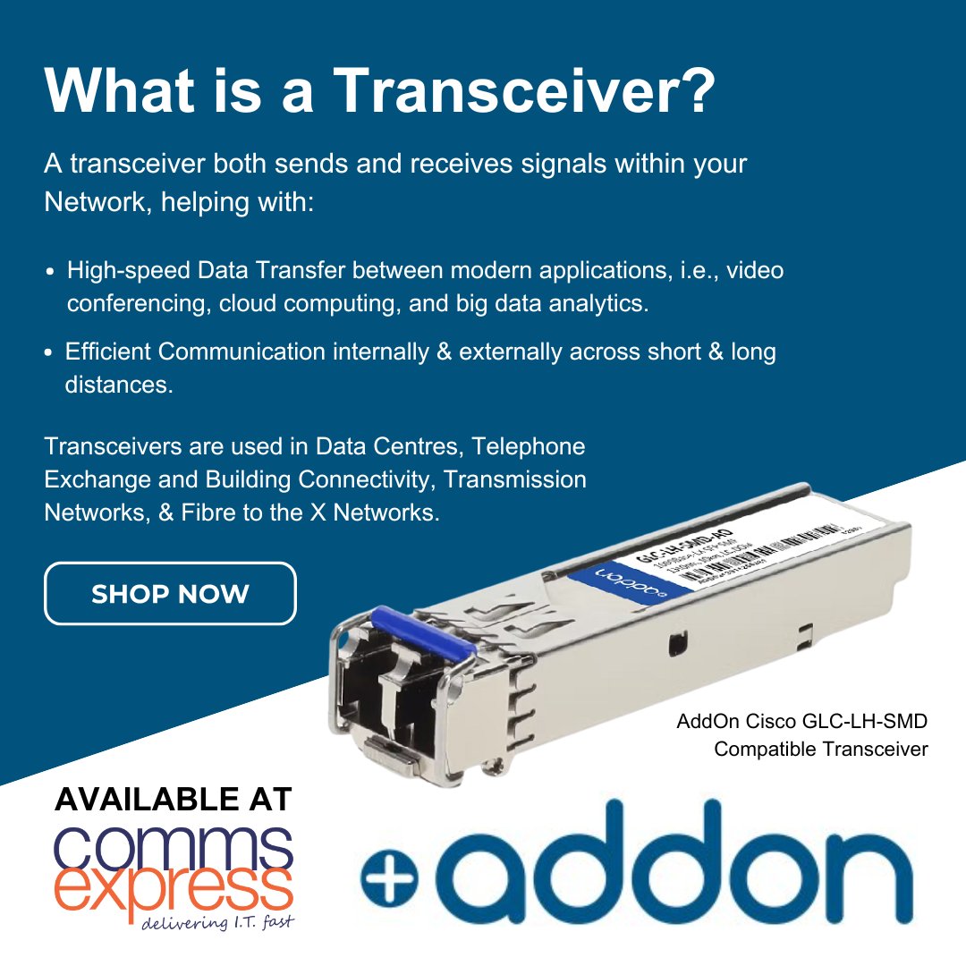 CommsExpress's tweet photo. Do you know what a Transceiver is? ⚡
With AddOn Networks you can expect quality, compatibility, & cost savings
Shop Now at Comms Express https://t.co/9SkfyeO1Bl
#CommsExpress #AddOnNetworks https://t.co/2TZuV7qujn