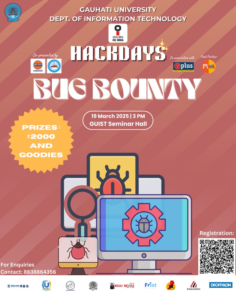 _HackDays_'s tweet photo. 🔍 HACKDAYS: BUG BOUNTY – Hunt, Exploit &amp; Win! 🐞💻
Calling all ethical hackers and cybersecurity enthusiasts! 🛡️

📍 Venue: GUIST Seminar Hall
🏆 Prizes: ₹2000 + Exciting Goodies!

🔗 Register now: https://t.co/yrX39l1MxX
For inquiries, contact: 8638864356
#HackDays #BugBounty https://t.co/hvDLHBWHJs