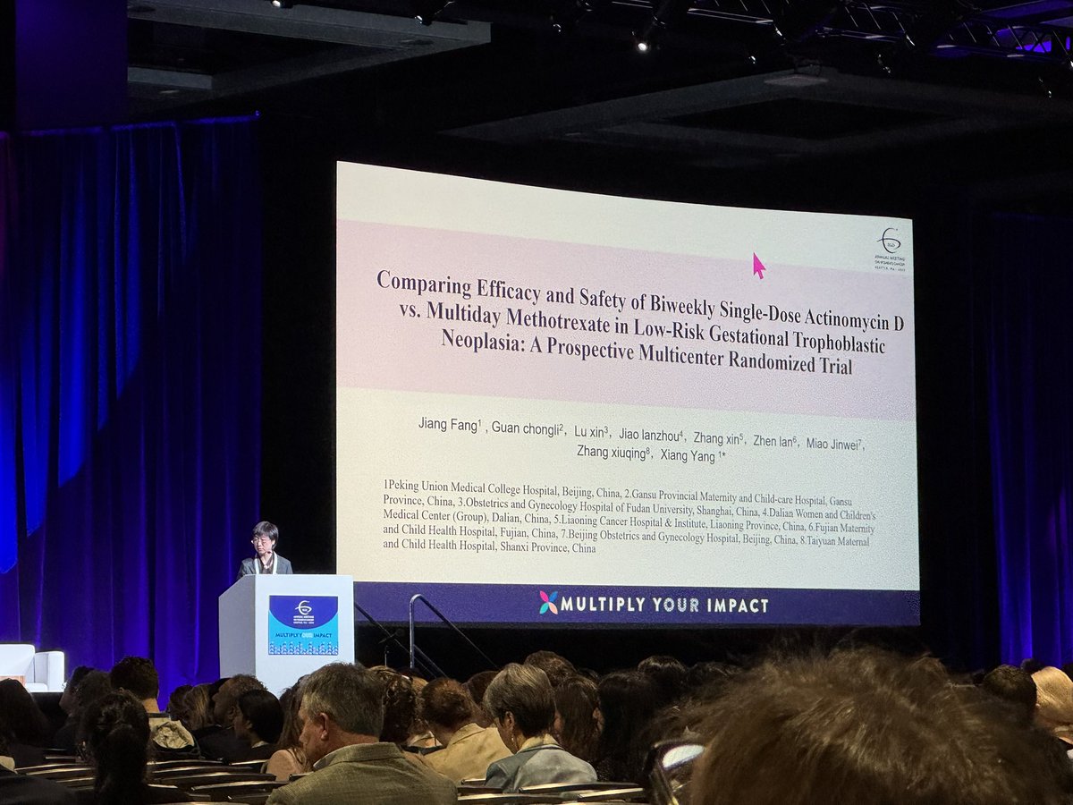 💉Dr. Jiang Fang reporting results from a  Phase 3 RCT comparing pulse dose Act-D to IM MTX for low risk GTN. Higher CR rate and shorter time to therapy completion with Act-D, with similar grade of side effects. Will Act-D be first line for low risk GTN? <a href="/SGO_org/">SGO</a> <a href="/IJGConline/">IJGC</a>