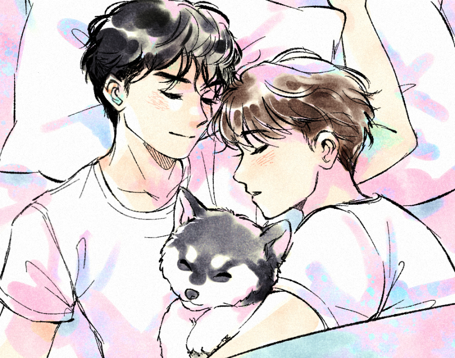 hamhamb1n's tweet photo. nap time with sansan ;_; 💙 #ZB1fanart #빈늘 #haobin https://t.co/7DQ51DTEjC