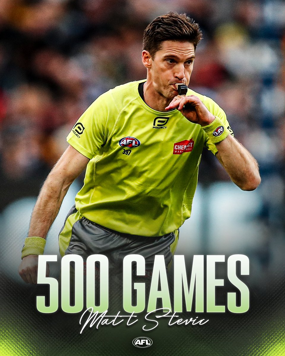 AFL's tweet photo. Congratulations to field umpire Matt Stevic who will umpire his 500th AFL match this afternoon at the MCG 👏 https://t.co/YD7k5zaxtT