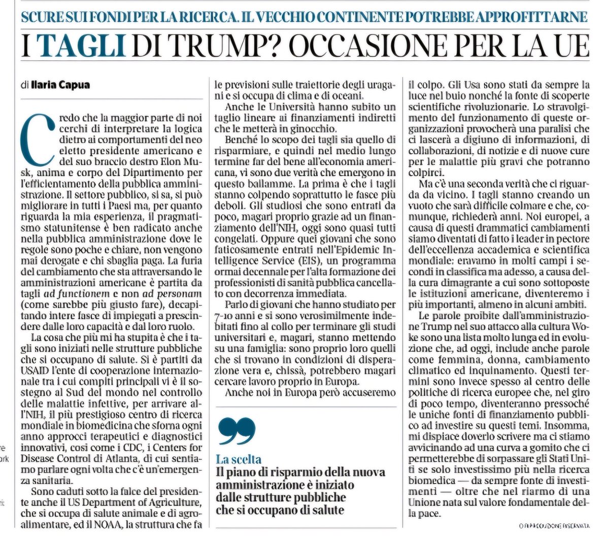 Ilaria Capua (@ilariacapua) on Twitter photo Gli #USA stanno abdicando il loro ruolo di leader nella #ricerca biomedica e quel vuoto di leadership diventerà europeo. Prendiamocelo e sfruttiamolo.
#EUResearch
#EUInnovation
<a href="/Corriere/">Corriere della Sera</a> Gli #USA stanno abdicando il loro ruolo di leader nella #ricerca biomedica e quel vuoto di leadership diventerà europeo. Prendiamocelo e sfruttiamolo.
#EUResearch
#EUInnovation
<a href="/Corriere/">Corriere della Sera</a>