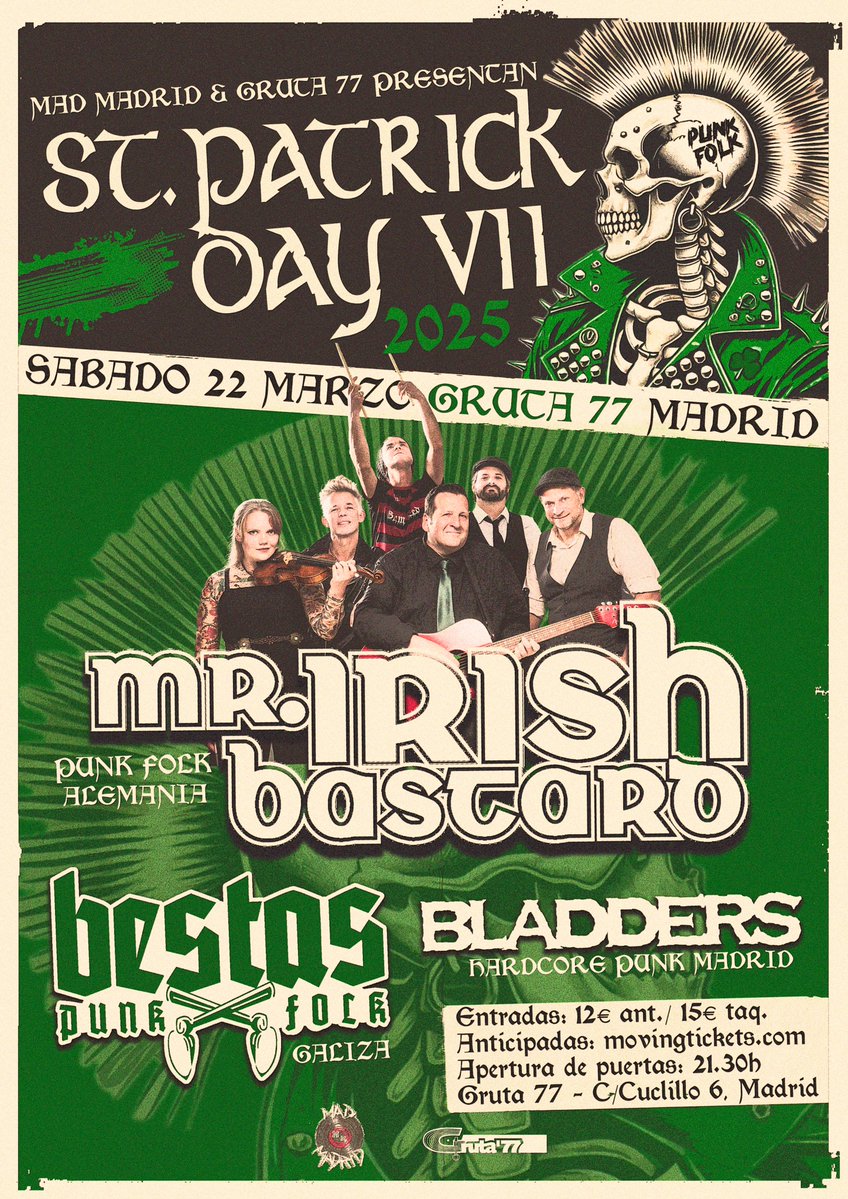 Estilos diversos y buenos.
21 de marzo: #Rambalaya y #TheVinegars
22 de marzo: <a href="/MrIrishBastard/">Mr. Irish Bastard</a> , <a href="/bladderspunk/">Bladders</a> y #Bestas en San Patricio

<a href="/Carabanchel_DC/">Carabanchel Distrito Cultural</a> 

Puede pasar de todo...
#RNB #swing #rocknroll #Blues #punkfolk #punkrock #punkmelodico

mira en gruta77.com