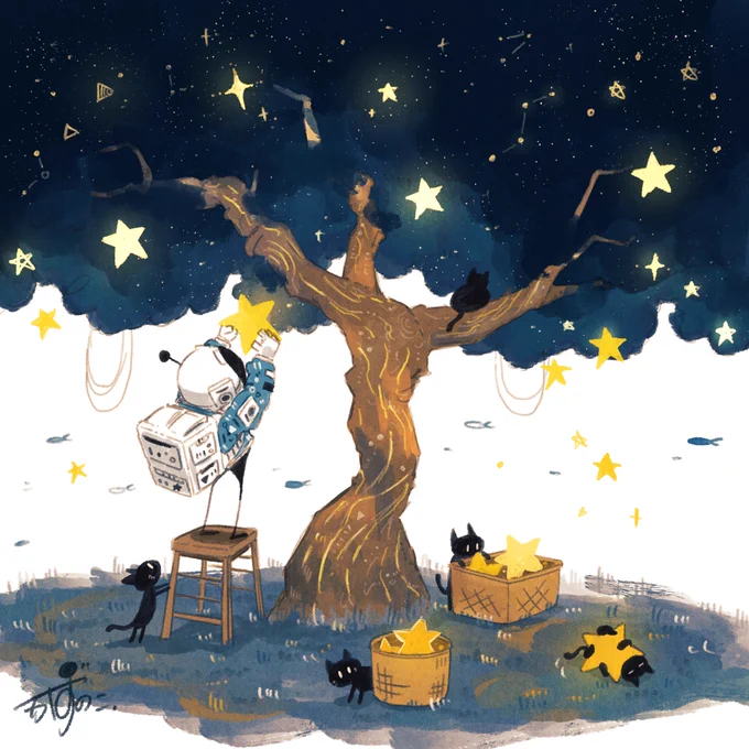 大きくて熟した星々をみんなで収穫#イラスト 
