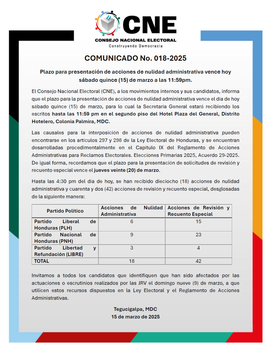 COMUNICADO No. 018-2025
Plazo para presentación de acciones de nulidad administrativa vence hoy sábado quince (15) de marzo a las 11:59pm.