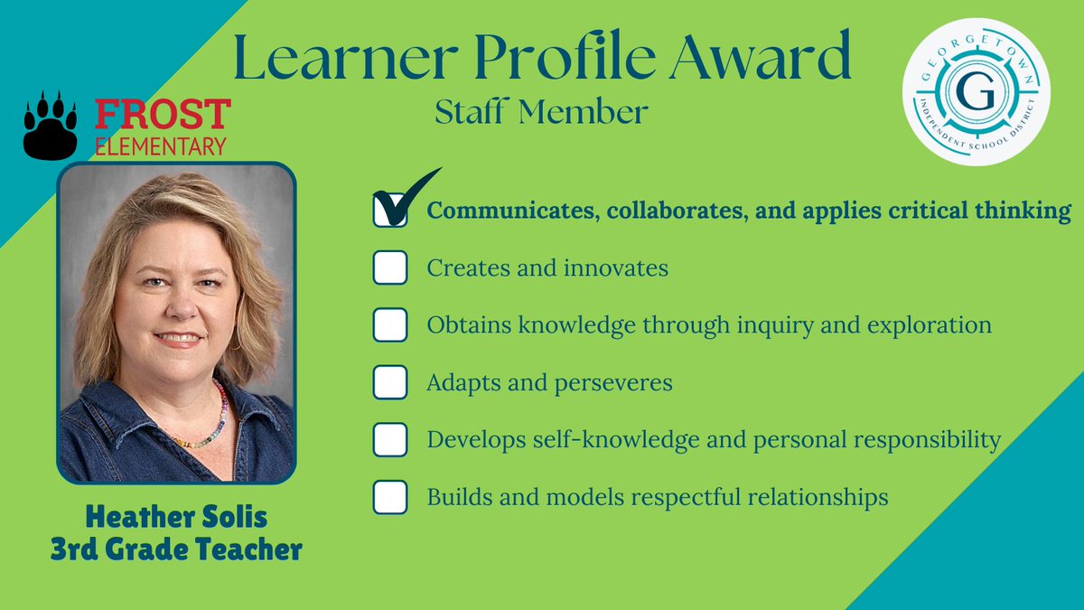 Congratulations to our March Learner Profile Award recipients! ⭐ These four individuals were nominated by their campus leaders for exemplifying GISD learner profile traits in and out of the classroom.
