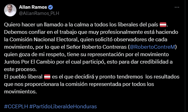 #HCHNoticias | El aspirante a la presidencia por el Consejo Ejecutivo Central del Partido Liberal (CCEPL) por el movimiento de Salvador Nasralla, Allan Ramos, hizo un llamado este sábado en su cuenta de X a los liberales, donde afirmó que "debemos confiar en el trabajo que muy