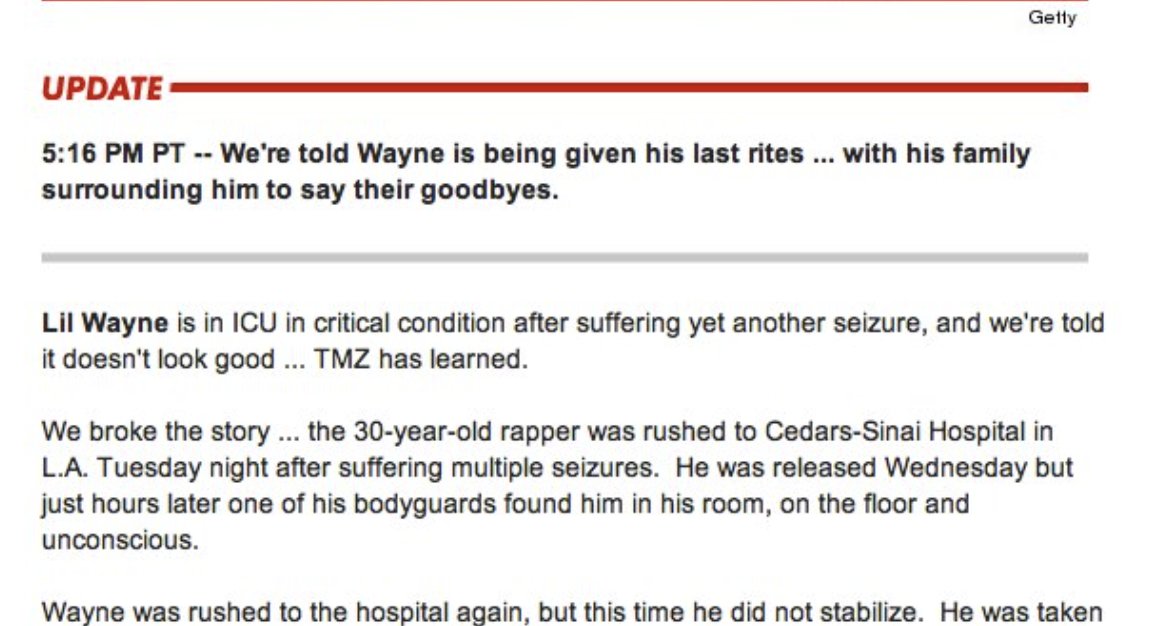 Never forget that 12 years ago <a href="/TMZ/">TMZ</a> basically said that <a href="/LilTunechi/">Lil Wayne WEEZY F</a> was dead!