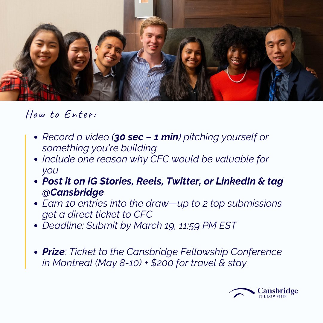 cansbridgeproj's tweet image. Win 1 of 5 golden tickets + a $200 stipend for travel and stay for the Cansbridge Fellowship Conference in Montreal (May 8th - 10th). 

Pitch, DM it to us, and tag us!! We can’t wait to see your pitches!!

#elevatorpitch