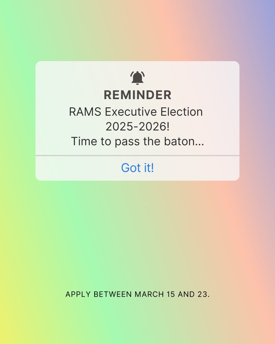 Rotman_RAMS's tweet image. RAMS Executive Election 2025-2026! 🙌🏻

As the MBA '25 cohort prepares to leave Rotman, it’s time to pass the baton to the next leadership team. Interested in becoming a RAMS executive? Apply by March 23!

📅 March 23: Application deadline
🤝 March 24-29: Interviews