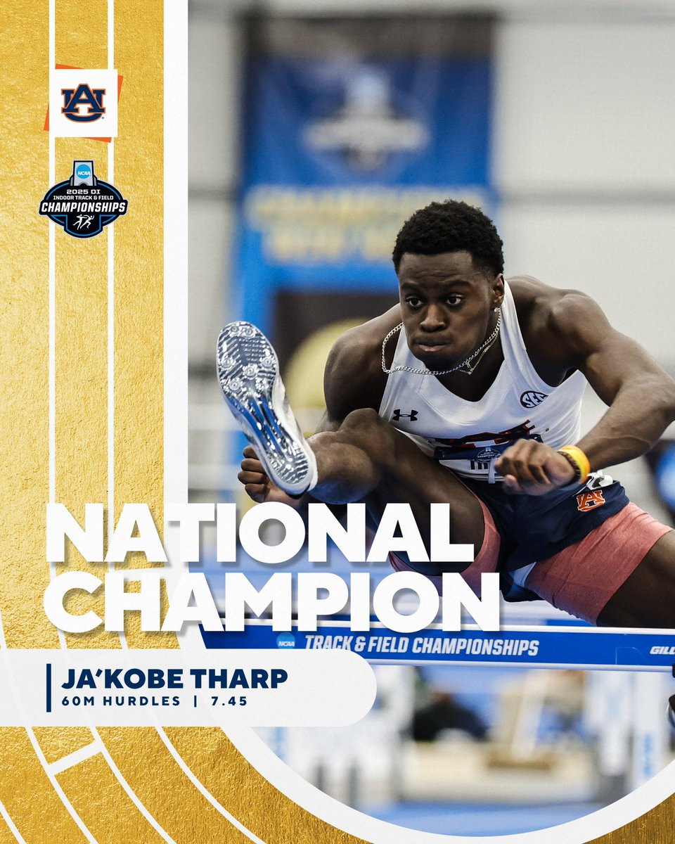 AuburnTFXC's tweet image. NATIONAL CHAMPION 🏆

@jthurdles clocks 7.45 to claim the men’s 60m hurdles title. He’s tied for the eighth fastest time in the world this year 

#WarEagle