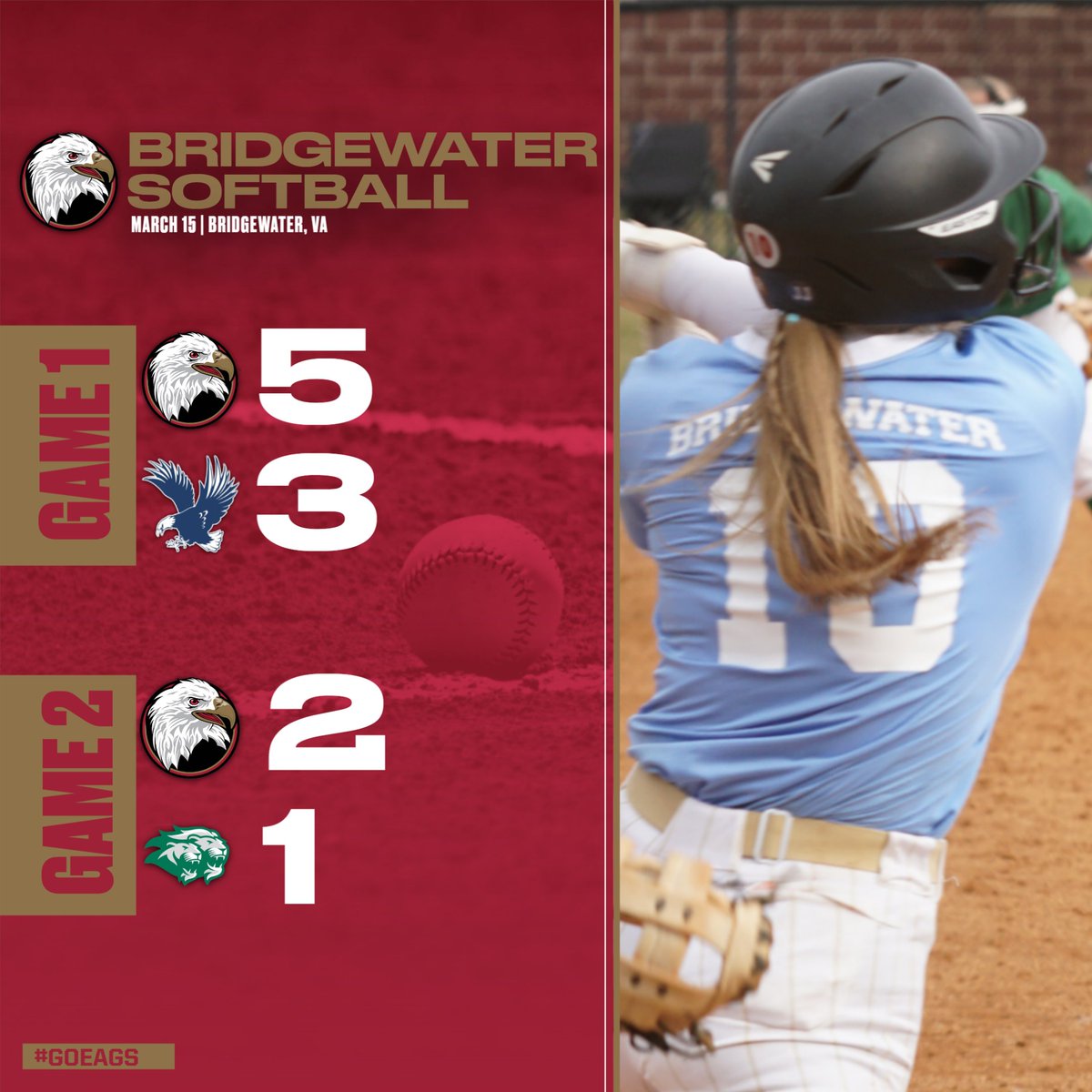 Bridgewater Eagles (@bcathletics) on Twitter photo Make that two days and four wins for <a href="/Bh2osoftball/">Bridgewater Softball</a>
Moyers gives BC the big two-run single late in game two to lead to the Saturday sweep
#BleedCrimson #GoForGold
π tinyurl.com/2jm5vmzx Make that two days and four wins for <a href="/Bh2osoftball/">Bridgewater Softball</a>
Moyers gives BC the big two-run single late in game two to lead to the Saturday sweep
#BleedCrimson #GoForGold
π tinyurl.com/2jm5vmzx