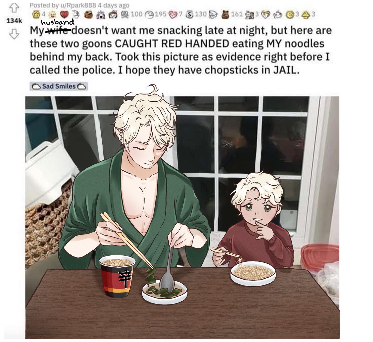 TsuguHP's tweet photo. Draco and Scorpius caught having a midnight snack (without Harry) 😔 #drarry #hpdm https://t.co/JFlOldv6Mr
