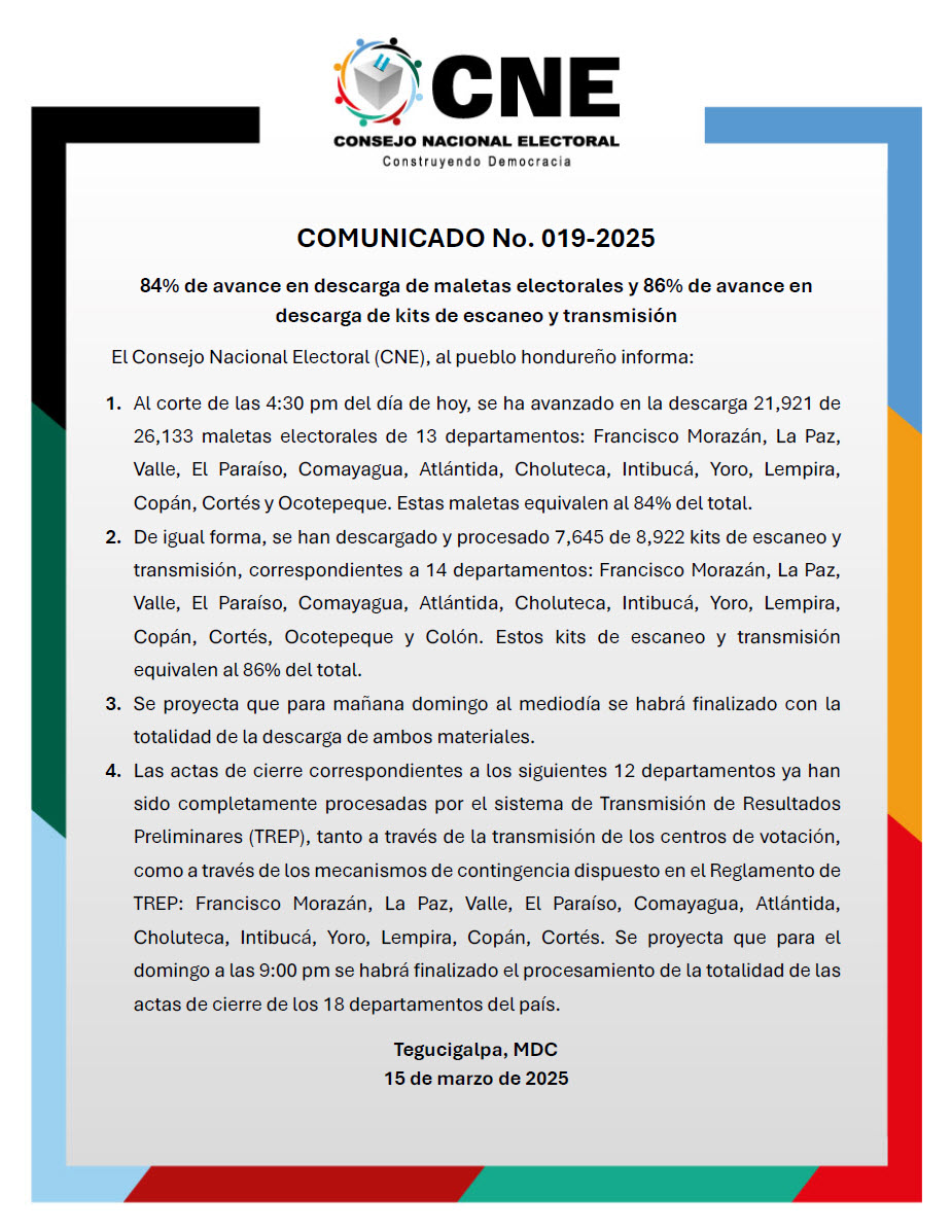 COMUNICADO No. 019-2025
84% de avance en descarga de maletas electorales y 86% de avance en descarga de kits de escaneo y transmisión