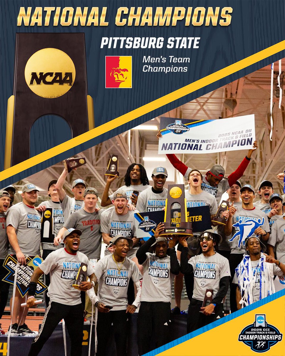 NCAA Division II (@ncaadii) on Twitter photo ๐๐๐ THREE-PEAT ๐๐๐
The <a href="/PittStGorillas/">Pitt State Athletics ๐ฆ</a> are your 3x #D2MTIF Team National Champions for the THIRD YEAR IN A ROWโผ๏ธ
#MakeItYours | #NCAAD2 ๐๐๐ THREE-PEAT ๐๐๐
The <a href="/PittStGorillas/">Pitt State Athletics ๐ฆ</a> are your 3x #D2MTIF Team National Champions for the THIRD YEAR IN A ROWโผ๏ธ
#MakeItYours | #NCAAD2