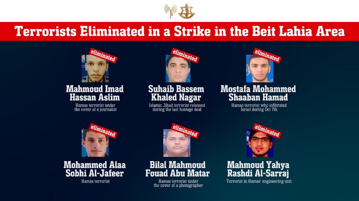 Israel Defense Forces (@idf) on Twitter photo 🔴ELIMINATED: Several terrorists operating under the cover of journalists in Gaza
The IAF struck a terrorist cell yesterday in the Beit Lahia area that also included a terrorist who infiltrated Israeli territory during the Oct. 7 massacre. The terrorists struck were operating a 🔴ELIMINATED: Several terrorists operating under the cover of journalists in Gaza
The IAF struck a terrorist cell yesterday in the Beit Lahia area that also included a terrorist who infiltrated Israeli territory during the Oct. 7 massacre. The terrorists struck were operating a