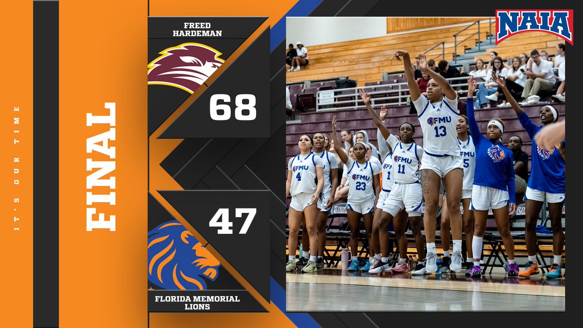 FINAL | #NAIA Tournament

FMU 47
<a href="/freedhardeman/">Freed-Hardeman U</a> 68

#Lions' dream season is over as Freed-Hardeman eliminates #FMU in the 2nd round of the <a href="/NAIA/">NAIA</a> tourney. This is the best season in #WBB program history! Led by 1st yr. head coach <a href="/coachkherod/">Kevin Herod</a>!

#hbcu #Tennessee #itsourtime 🦁🏀
