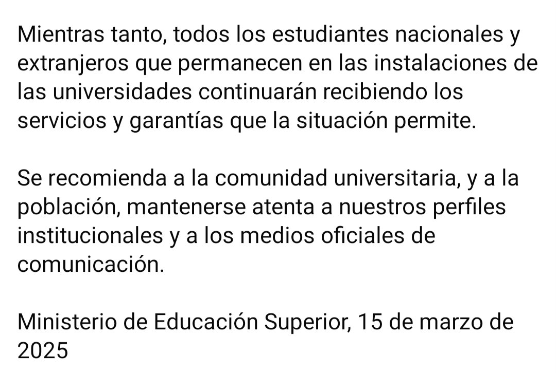 Nota informativa del Ministerio de Educación Superior:
👉Se pospone entrada de los estudiantes a sus residencias estudiantiles.
👉Se informará oportunamente sobre reinicio de las actividades.
👉Se garantizan los servicios a los becados.
👉Mantenerse informados.
<a href="/WalterBG_MES/">Walter Baluja García</a>