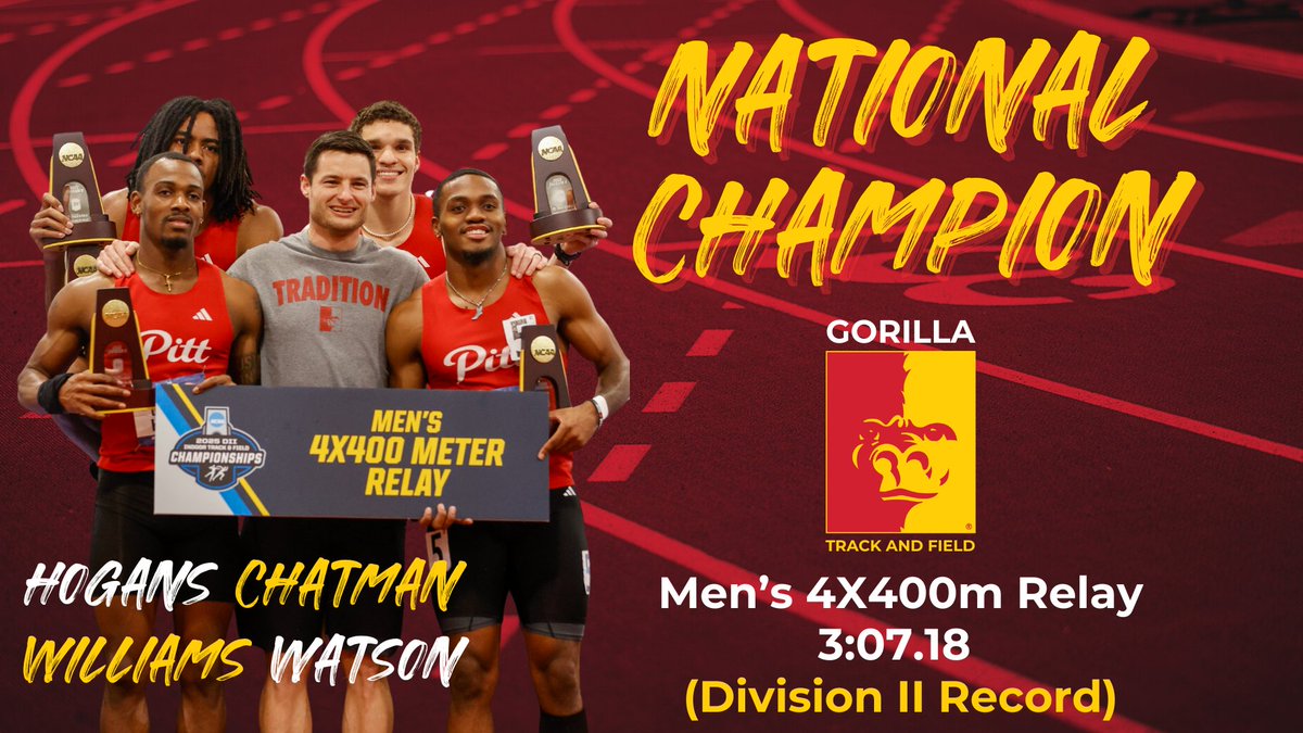 Pitt State Athletics π¦ (@pittstgorillas) on Twitter photo THE 4X400M RELAY COOKED.
The Gorillas claim the 4X400m relay national championship with a DIVISION II RECORD time π¦πͺ
<a href="/GorillasTrack/">Pitt State Track & Field</a>|<a href="/pittstate/">Pittsburg State</a> THE 4X400M RELAY COOKED.
The Gorillas claim the 4X400m relay national championship with a DIVISION II RECORD time π¦πͺ
<a href="/GorillasTrack/">Pitt State Track & Field</a>|<a href="/pittstate/">Pittsburg State</a>