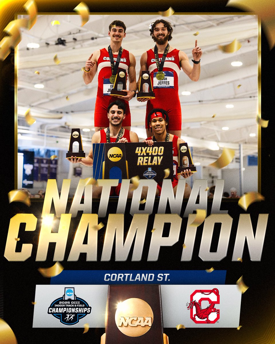 NCAA Division III (@ncaadiii) on Twitter photo 🏆NATIONAL CHAMPIONS🏆
Jensen, Cheatham, Gavalas, and Jeffes of <a href="/RedDragonPride/">Cortland Athletics</a> win the Men’s 4x400 with a time of 3:12.59s🔥
#WhyD3 | #D3tf 🏆NATIONAL CHAMPIONS🏆
Jensen, Cheatham, Gavalas, and Jeffes of <a href="/RedDragonPride/">Cortland Athletics</a> win the Men’s 4x400 with a time of 3:12.59s🔥
#WhyD3 | #D3tf