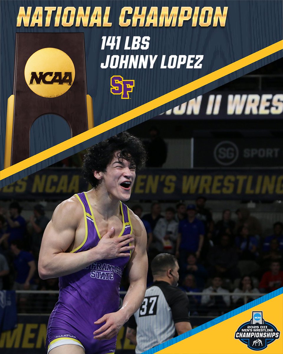 NCAA Division II (@ncaadii) on Twitter photo FIRST NATIONAL CHAMPION SINCE 2013! Johnny Lopez earns the title at 141 lbs for the <a href="/SFState_Gators/">SF State Athletics</a>.
#D2Wrestle | #MakeItYours FIRST NATIONAL CHAMPION SINCE 2013! Johnny Lopez earns the title at 141 lbs for the <a href="/SFState_Gators/">SF State Athletics</a>.
#D2Wrestle | #MakeItYours