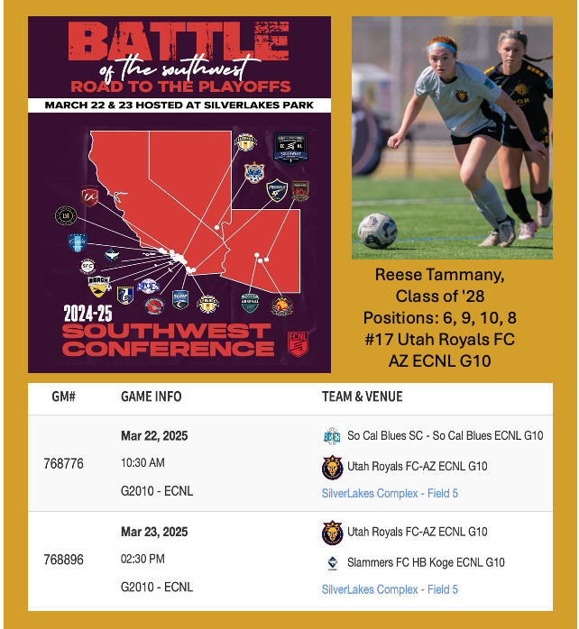R_Tammany17's tweet photo. Ready for the Battle of the Southwest! โฝ March 22-23, Silverlakes Park. See my schedule below. Class of 2028, eager to growโcoaches, follow me! #CollegeSoccer #FutureRecruit #ECNL #SoccerTalent #NextGenSoccer #AZSoccer https://t.co/GMq747ICUM