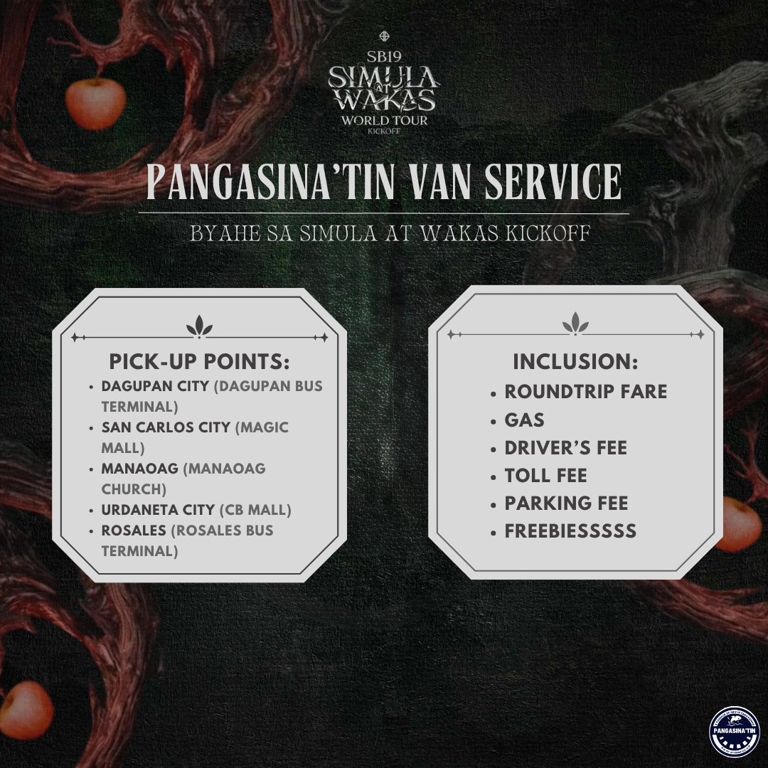 Pangasinatin's tweet image. May ticket ka na pero may sasakyan ka na ba papuntang PH Arena?

Kung wala pa, we got you! 😉🍎

Tara na at sabay tayong bumyahe patungo sa Simula at Wakas kickoff! 

Pangasinan - PH Arena roundtrip

Link:
forms.gle/1vUs77o4jFDbuE…

#PangasinAtin #Carpool #VanService #PHArena #SB19