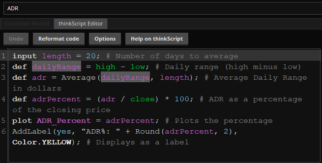 FinalBossOIMBA's tweet photo. Adding 10, 20, 50 SMA + ADR% to my daily charts. See custom ADR% script in the picture and uncheck show plot. https://t.co/CYabWDcymt