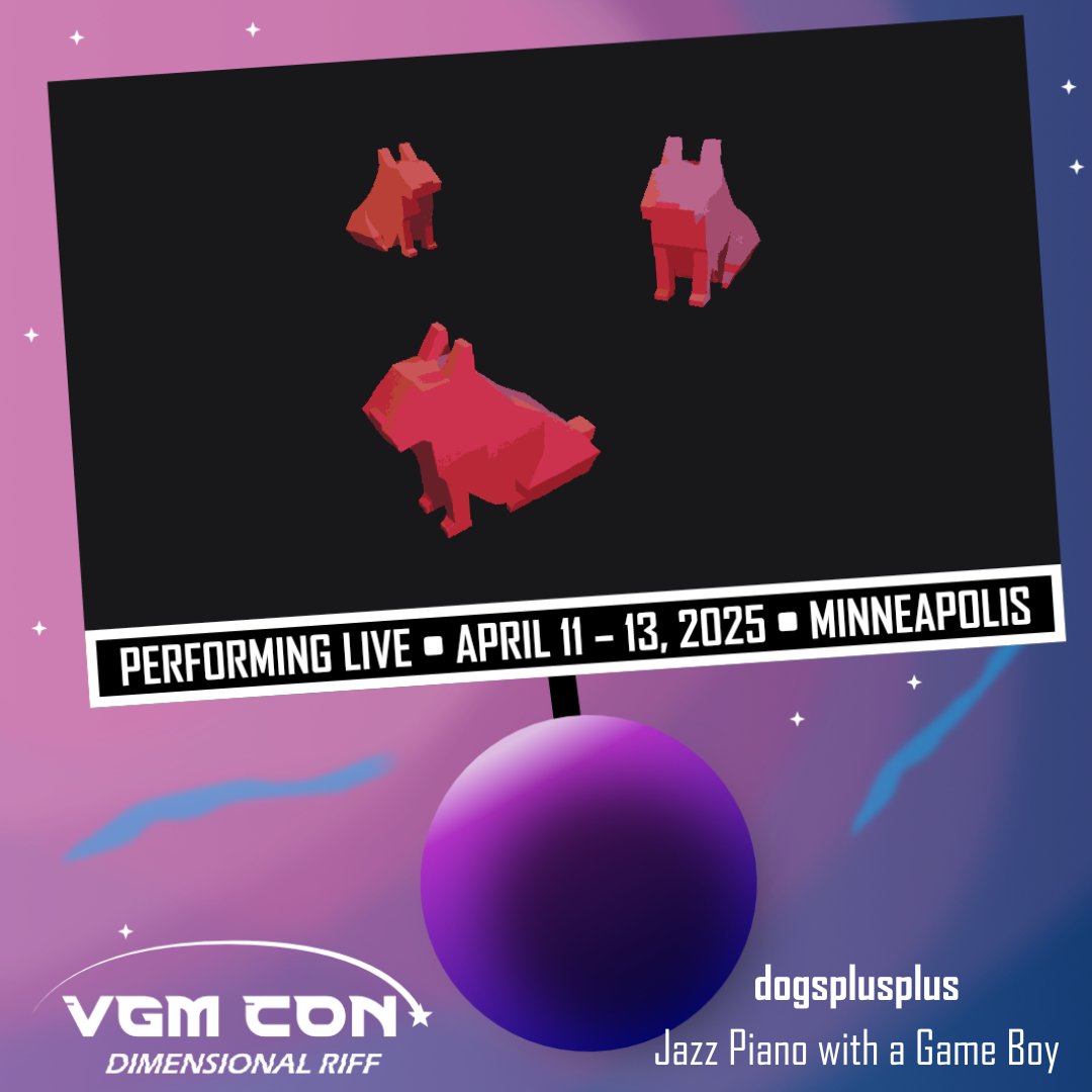 VGMCon's tweet image. When you've trekked across the stars🌌 as much as we have (since that Dimensional Riff ripped itself open anyway) you see all kinds of amazing worlds🌐 like this one we found, called dogsplusplus🐕🦺🐕🐩 where their communication is through jazz piano standards🎹🎶 and game boy🕹️!!