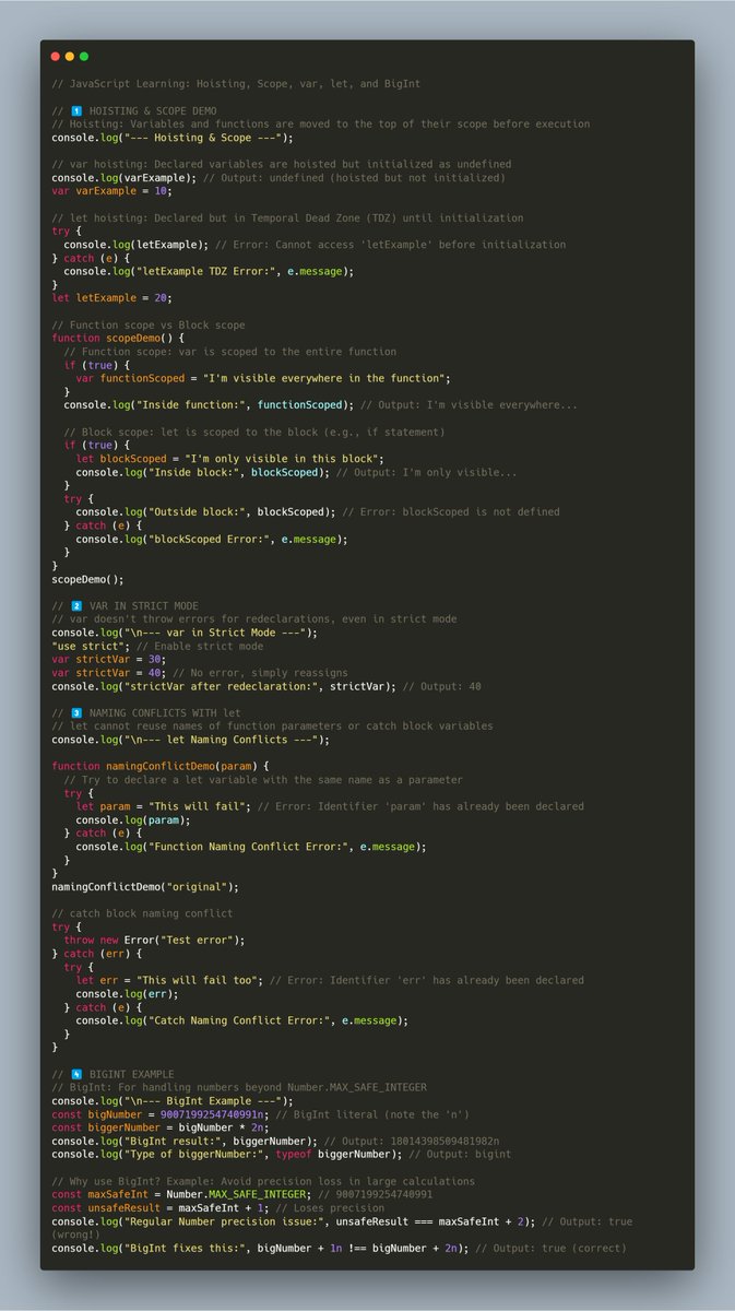 erinle_sam's tweet photo. Another Day on  JS: 

Mastered hoisting, scope (let vs var), and TDZ. 
Found let naming quirks in functions/catch. 

Never used BigInt—have you? 

#JavaScript #100DaysOfCode #Tech @roadmapsh https://t.co/R6Kye4Jg7W