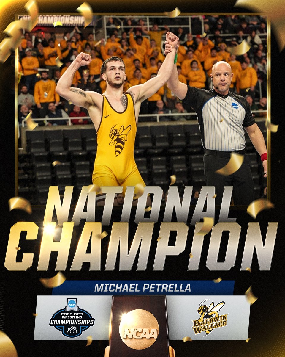 THREE-TIME CHAMPION 🏆🏆🏆

Michael Petrella of <a href="/bwathletics/">Baldwin Wallace Athletics</a> claims his third NCAA title, winning at 157-pounds!

#WhyD3 | #D3wrestle