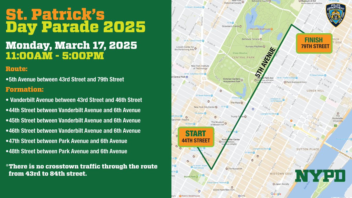 Monday is the 2025 Saint Patrick's Day Parade. If you plan on traveling within NYC, please be aware of road closures and no-parking zones that will be in effect.