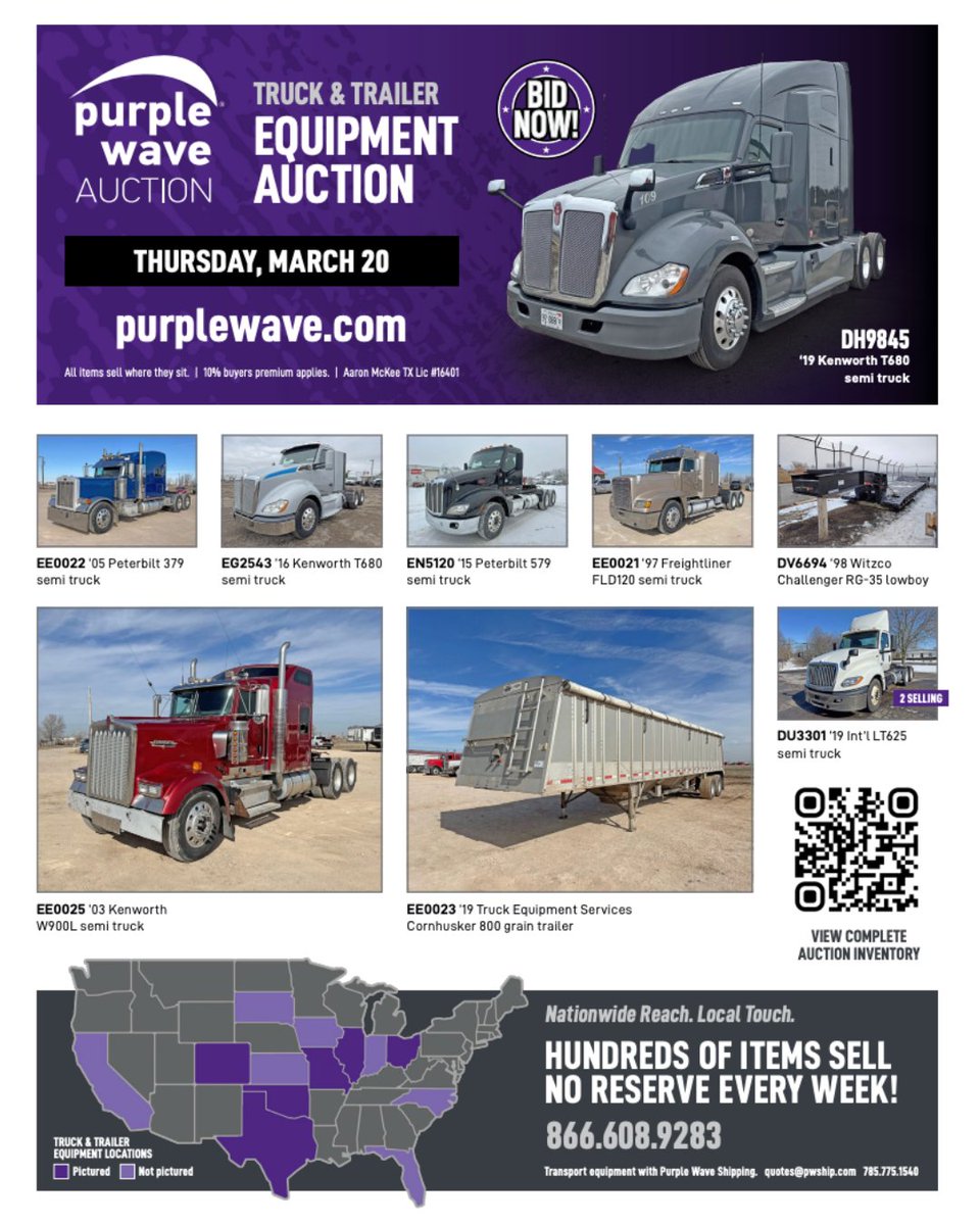 From semis to trailers, a strong lineup of trucking equipment sells with no reserves this Thursday, March 20th! Whether you're hauling, expanding, or replacing, this auction has what you need. Place your bids now!
bit.ly/4ipEjF0