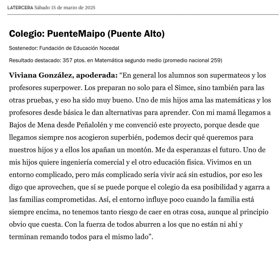 Les compartimos esta interesante noticia publicada en el diario La Tercera, en donde reconocen los resultados obtenidos por el colegio PuenteMaipo en el SIMCE 2024.
Felicitaciones a los alumnos, docentes, directivos y familias por los logros obtenidos.