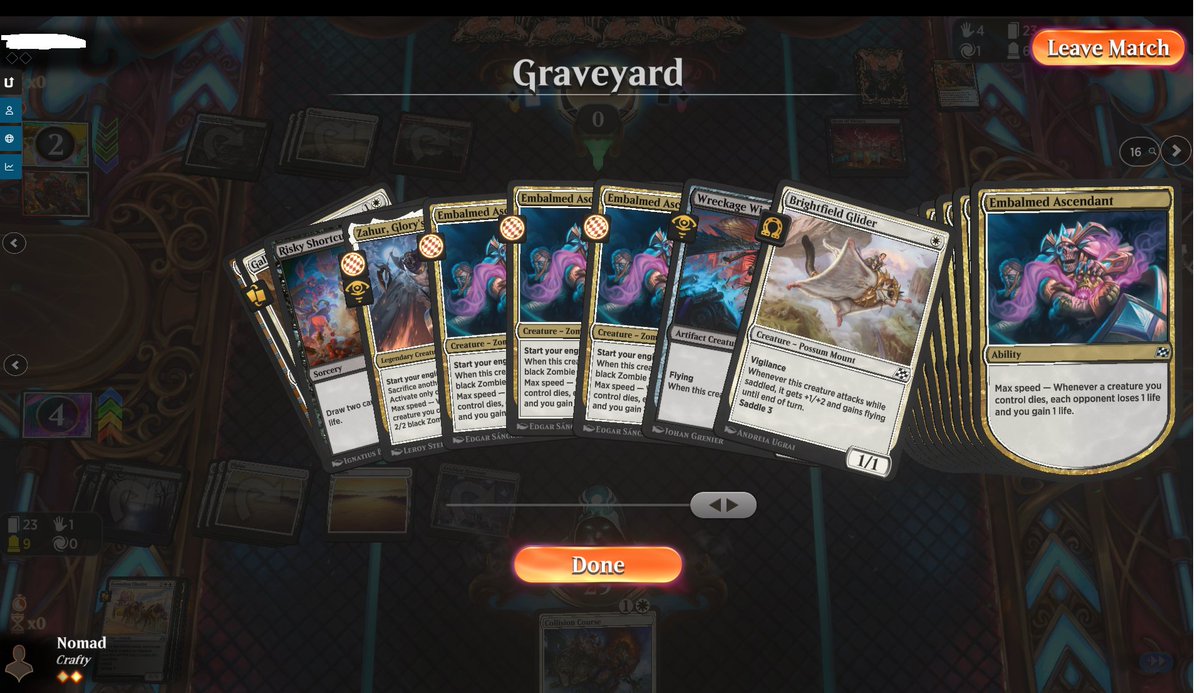 🏆3-0 #DFT draft. Took Gearhulk P1P1 but then pivoted into WB hoping I read the signals correctly. Rewarded P3P6 and P7 with double Embalmed Ascendent.

<a href="/SamuelHBlack/">Sam Black</a> was spot on with Risky Shortcut being key to the deck. Loved all 3 copies.

Draft Log: 17lands.com/draft/7af0aa3a…