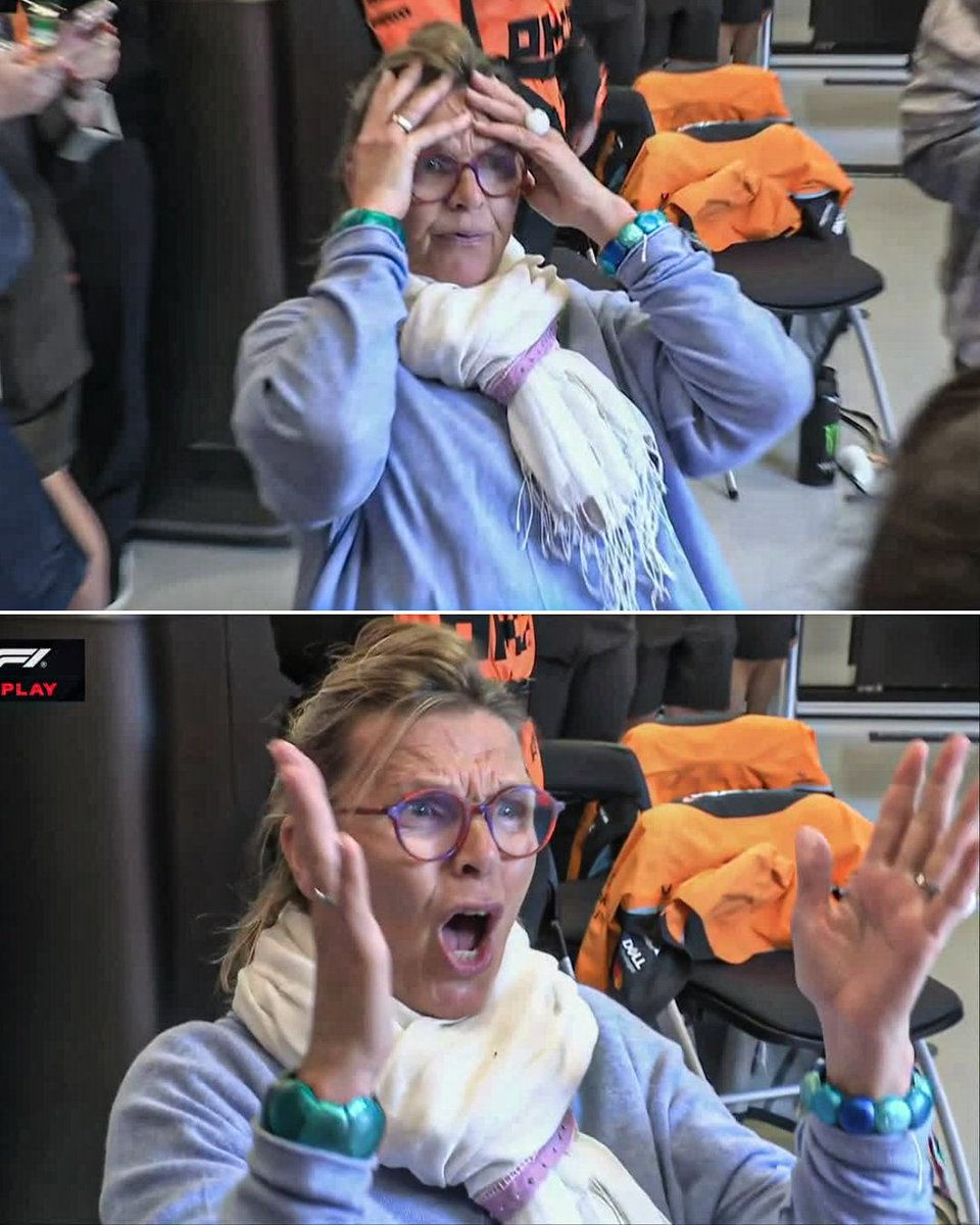 ESPNF1's tweet image. Lando Norris’ mum’s reaction to Oscar Piastri going off track at the Australian Grand Prix 😅