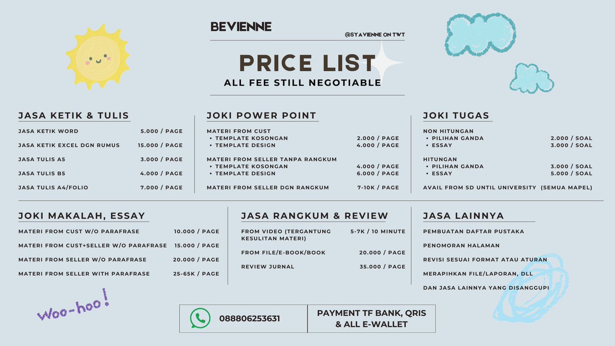 Butuh Joki Tugas? Serahin ke Bevienne! 🚀 

Deadline mepet? Tugas numpuk? Santai, Bevienne siap bantu! Semua mata kuliah, semua jenis tugas—bisa! Cukup kasih detailnya, kamu tinggal santai.

Harga negotiable sampai jadi!  
📩wa.me/6288806253631 
#zonauang #zonaba #zonajajan