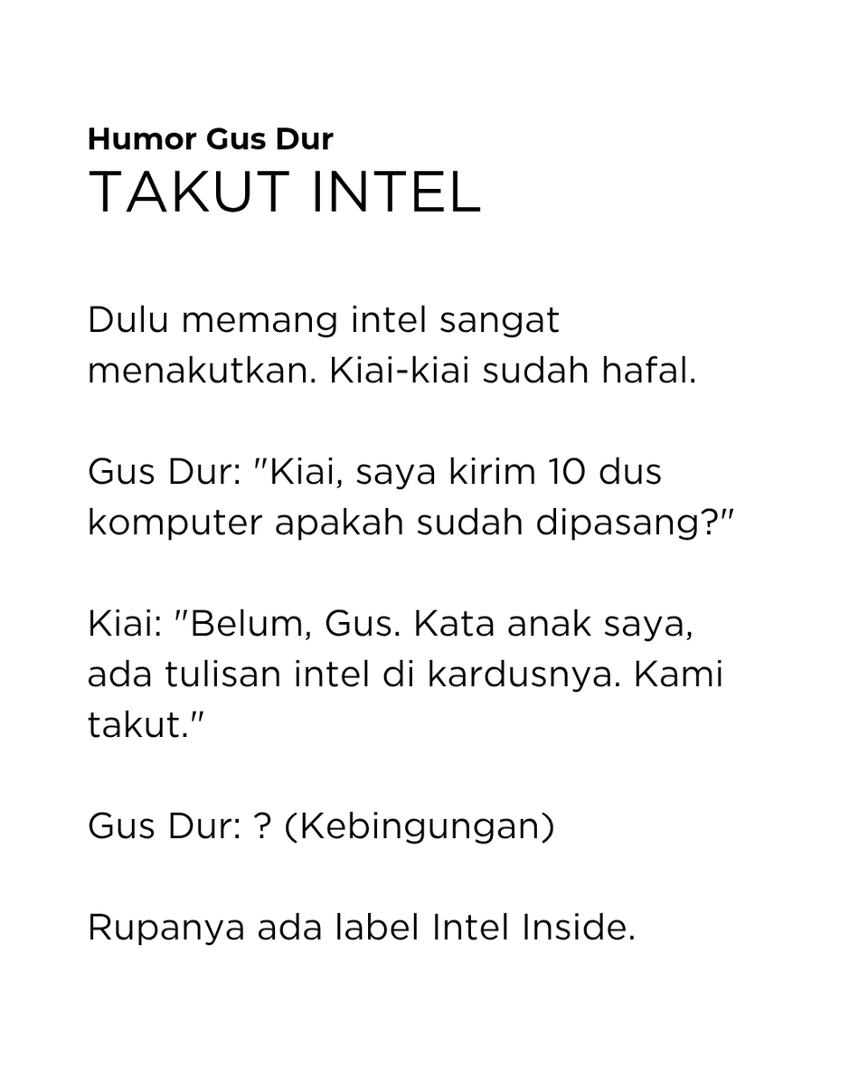 GUSDURians's tweet photo. Dulu militer sangat berkuasa. Hampir semua sendi kehidupan diisi. Bahkan materi ceramah pun harus disetujui. Di hari pengajian, ada intel yang mengawasi. Sampai-sampai kiai takut pakai komputer #HumorGusDur https://t.co/rCqbB021W6