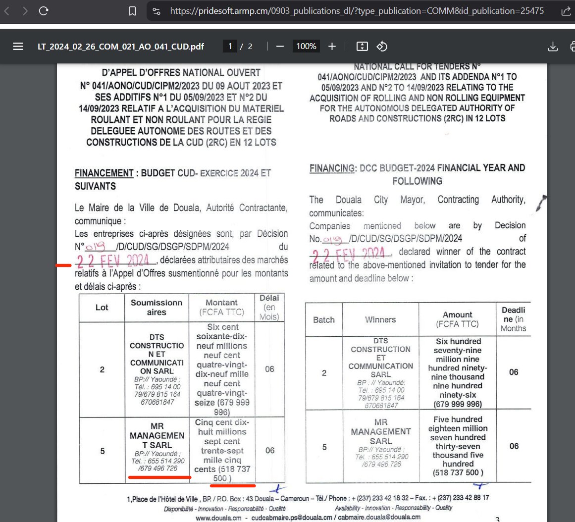 tassingremi's tweet photo. Je suis dépassé! Voici une entreprise MR MANAGEMENT (MRM) qui gagne des marchés depuis au-moins 2021 pour la fourniture des camions principalement à la CUD mais aussi à la SIC, @MairiedeBikok...mais les noms derrière donnent le tournis. Y'a un Ministre!
1/6 https://t.co/pGSCo2xUo3