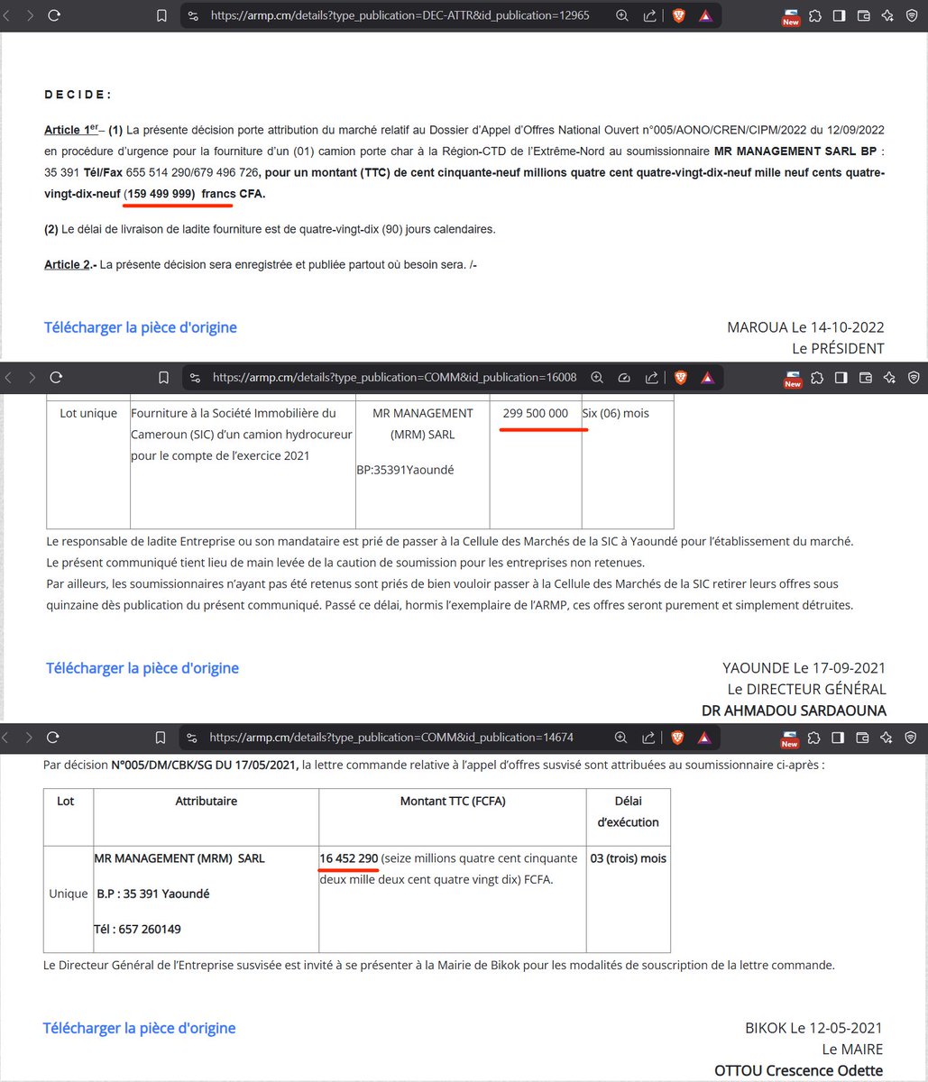 Remi Tassing (@tassingremi) on Twitter photo Je suis dépassé! Voici une entreprise MR MANAGEMENT (MRM) qui gagne des marchés depuis au-moins 2021 pour la fourniture des camions principalement à la CUD mais aussi à la SIC, <a href="/MairiedeBikok/">Mairie de Bikok</a>...mais les noms derrière donnent le tournis. Y'a un Ministre!
1/6 Je suis dépassé! Voici une entreprise MR MANAGEMENT (MRM) qui gagne des marchés depuis au-moins 2021 pour la fourniture des camions principalement à la CUD mais aussi à la SIC, <a href="/MairiedeBikok/">Mairie de Bikok</a>...mais les noms derrière donnent le tournis. Y'a un Ministre!
1/6
