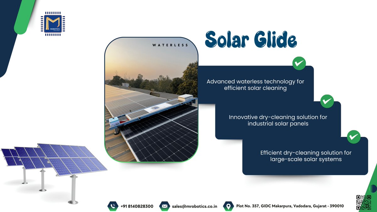 mrobotics_PLTD's tweet image. ☀️ Solar Glide – Smart, Waterless Solar Cleaning! 🚀 No water, no hassle—just spotless solar panels for maximum energy output! 🌍✨ Save water, boost efficiency, and go green with advanced dry-cleaning tech.
 
📩 sales@mrobotics.co.in | ☎️ +91 8140828300 

#SolarGlide   #EcoTech