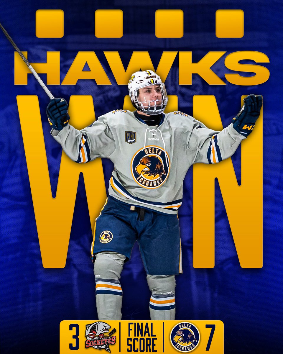 HAWKS MOVE ON TO THE PJHL FINALS!!!

🥅 Lenton x2, Bereza x2, Goyer x1, Cross x1, Sjoberg x1 

Shots: 44-36 RCH | #deltahawkey