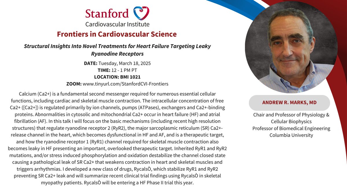 Joseph C Wu, MD, PhD (@joseph_c_wu) on Twitter photo Please join <a href="/StanfordCVI/">Stanford CVI</a> seminar Tue 3/18 @ 12pm PST by Dr. Andrew Marks <a href="/ColumbiaPHY/">Columbia Physiology</a> <a href="/ColumbiaBME/">Columbia BME</a> <a href="/CUSEAS/">Columbia Engineering</a> speak on leaky #ryanodine #receptors in #heartfailure.
stanford.zoom.us/webinar/registā¦
<a href="/Stanford_ChEMH/">Sarafan ChEM-H</a> <a href="/SeanM_Wu/">Sean M Wu, MD PhD</a> <a href="/BCVSearlyCareer/">Basic Cardiovascular Sciences (BCVS) Early Career</a>
<a href="/ATVBEarlyCareer/">ATVB Early Career Committee</a> <a href="/vascularbiology/">NAVBO</a> <a href="/HFSA/">HFSA</a> Please join <a href="/StanfordCVI/">Stanford CVI</a> seminar Tue 3/18 @ 12pm PST by Dr. Andrew Marks <a href="/ColumbiaPHY/">Columbia Physiology</a> <a href="/ColumbiaBME/">Columbia BME</a> <a href="/CUSEAS/">Columbia Engineering</a> speak on leaky #ryanodine #receptors in #heartfailure.
stanford.zoom.us/webinar/registā¦
<a href="/Stanford_ChEMH/">Sarafan ChEM-H</a> <a href="/SeanM_Wu/">Sean M Wu, MD PhD</a> <a href="/BCVSearlyCareer/">Basic Cardiovascular Sciences (BCVS) Early Career</a>
<a href="/ATVBEarlyCareer/">ATVB Early Career Committee</a> <a href="/vascularbiology/">NAVBO</a> <a href="/HFSA/">HFSA</a>