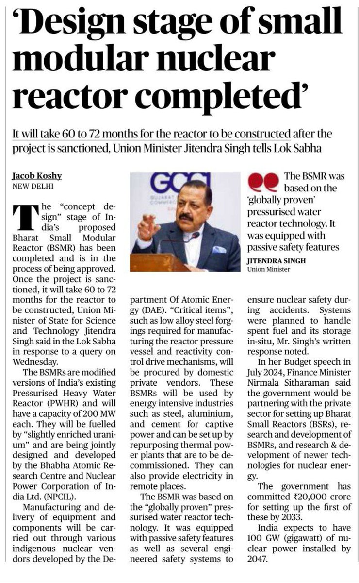 _upsc_focus's tweet photo. Design stage of small modular nuclear reactor completed
Explained by Mr Jacob Koshy ji @neutranino
#PT #BSMR #BharatSmallModularReactors #PWHR #SnT #NuclearReactors #NuclearEnergy #NPCIL #upscprelims2025 #UPSC
Source: The Hindu https://t.co/MeRmLDBtli