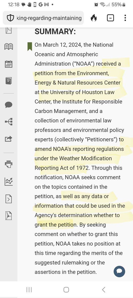 Breeauna9's tweet photo. “I said, ‘Holy shit, it’s not the climate change.’ We know what that is. We know how it’s proceeding,” Bookbinder said. “It’s going to be the solutions that people start offering up.”

Honestly, this is the 1 regulation that Biden refused to implement that the new Secretary of Commerce @howardlutnick should consider. 

On 9/20/2024, NOAA published notice that it had received a "Petition for Rulemaking Regarding Maintaining Records and Submitting Reports on Weather Modification Activities." 

At issue is the fact that a mere 10-day heads-up is currently all that's required to conduct cloud seeding or weather modification activities AKA "geoengineering." 

This is the process of injecting particulates into the stratosphere, often referred to as Chem trails or spraying. According to chief petitioner David Bookbinder, this is a far greater threat than climate change itself.

The Petition requests a review and permitting process of future geoengineering activities, full public disclosure for independent oversight, and reports on the aftermath submitted to Congress. 

This is one regulation that actually makes sense... Issues such as this are the only reason why we have regulatory boards to begin with. Literally,  what's even the point of our government if not to regulate mad science that's harmful to humanity?

Sources:
https://t.co/keB4NLxHqn

https://t.co/J6HYU16x9w