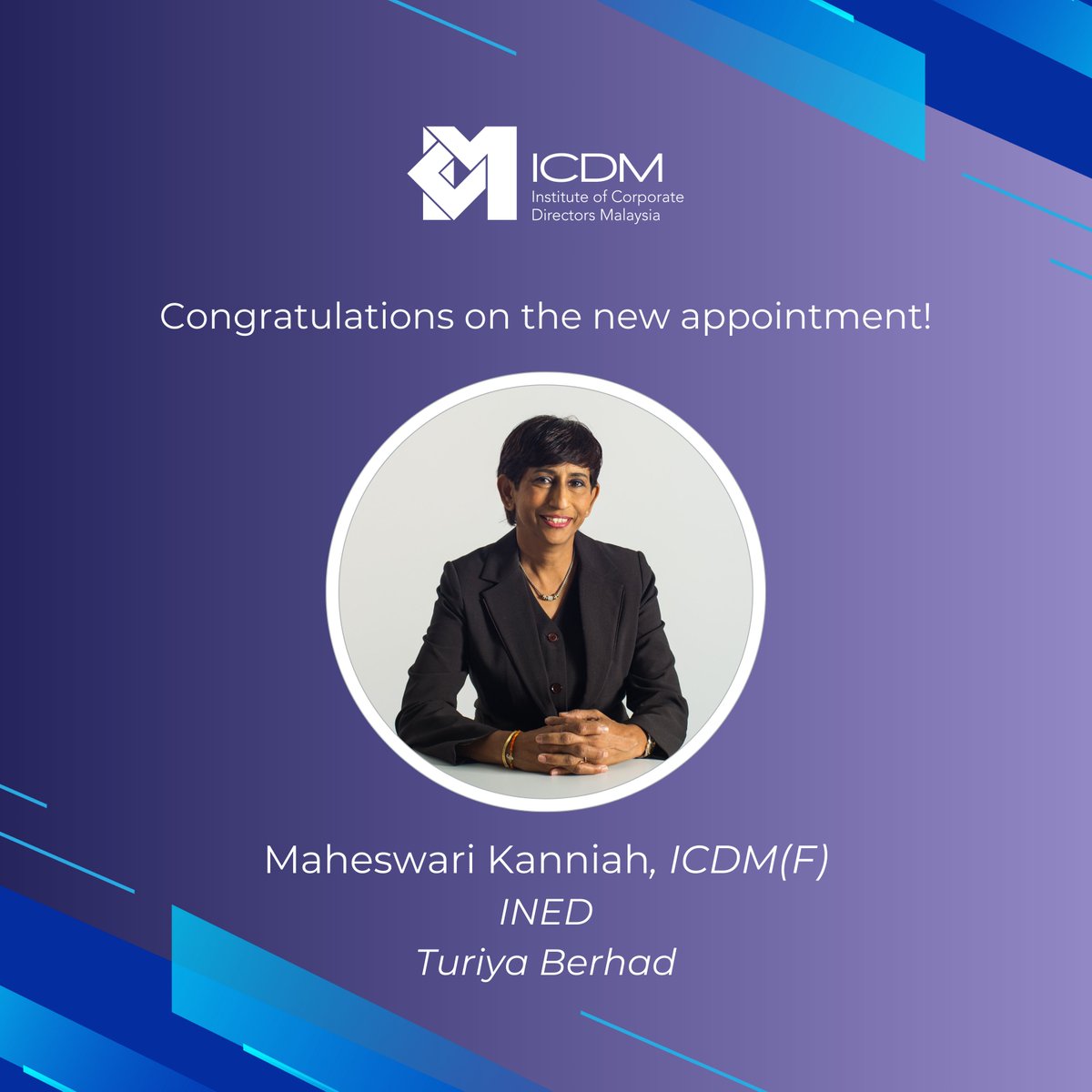 ICDMalaysia's tweet image. Congratulations to ICDM’s esteemed Board Member, Maheswari Kanniah, on her new appointment as the Independent Non-Executive Director at Turiya Berhad!
#ICDM #Leadership #BoardAppointments #Congratulations