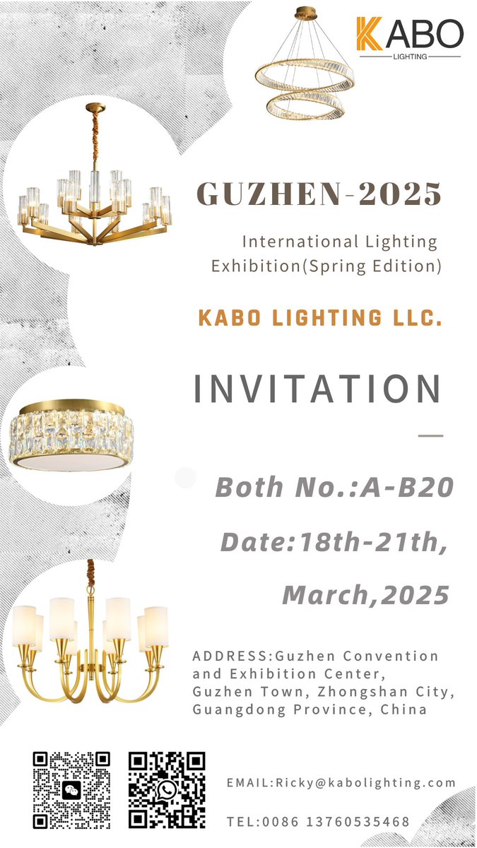 Hi, friends. We warmly welcome you to visit our booth A-B20 at the Guzhen International Lighting Exhibition from March 18th-March 21st. We have many new styles and our catalog will be updated during this period. If you are interested, please contact me to get the latest catalog.