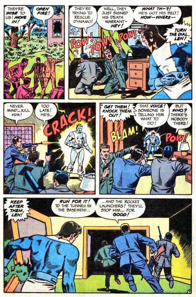 Dynamo in "A Slight Case Of Combat Fatigue" (script: unknown, pencils: Dan Adkins, 
inks: Wally Wood) from T.H.U.N.D.E.R. Agents#16 (1967
Tower Comics)